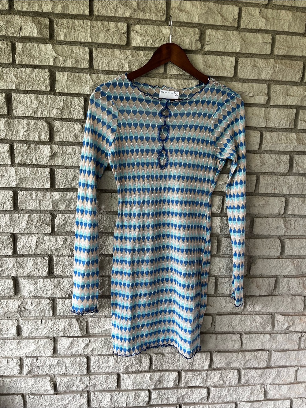 ASOS Design Blue Retro Patterned Crotchet Mini Dress Size 4